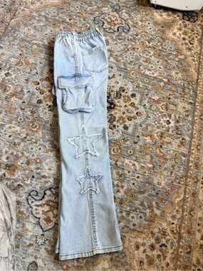 Light Blue Star Wide Leg Cotton Jeans with Cargo Pockets